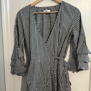 Calvin Klein Womens 4 Dress Black White Gingham Ruffled Sleeve Wrap Front